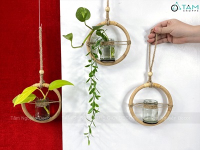 Vòng mây lọ thủy tinh treo tường thủy canh [Cute] ĐK15cm BINHLOHOA-07